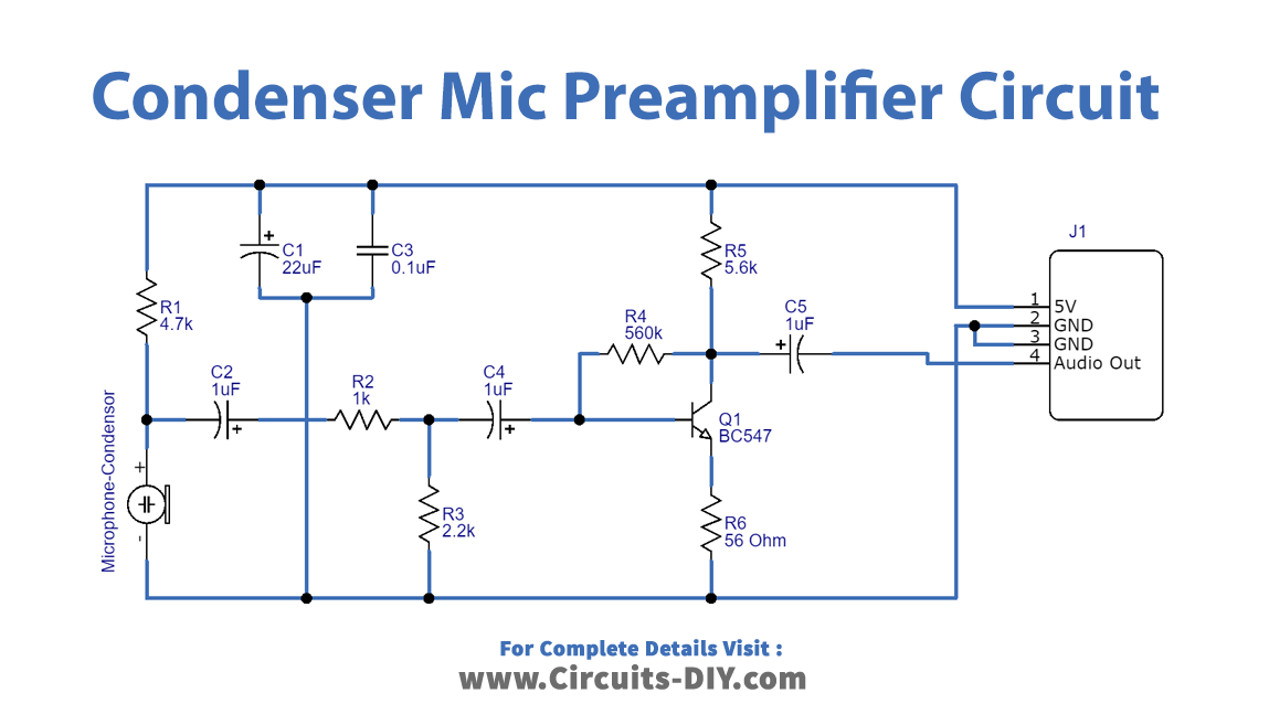 Condenser Mic Preamplifier Circuit using BC547 Transistor