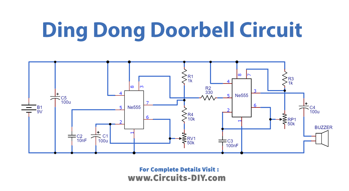 Ding Dong Sound Generator Door Bell Circuit using 555 Timer Circuit Diagram
