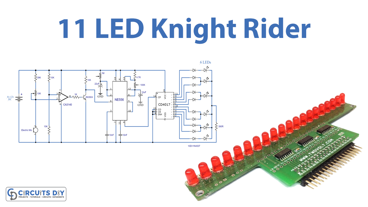 11 LED Knight Rider Circuit Using NE555 & CD4017 ICs