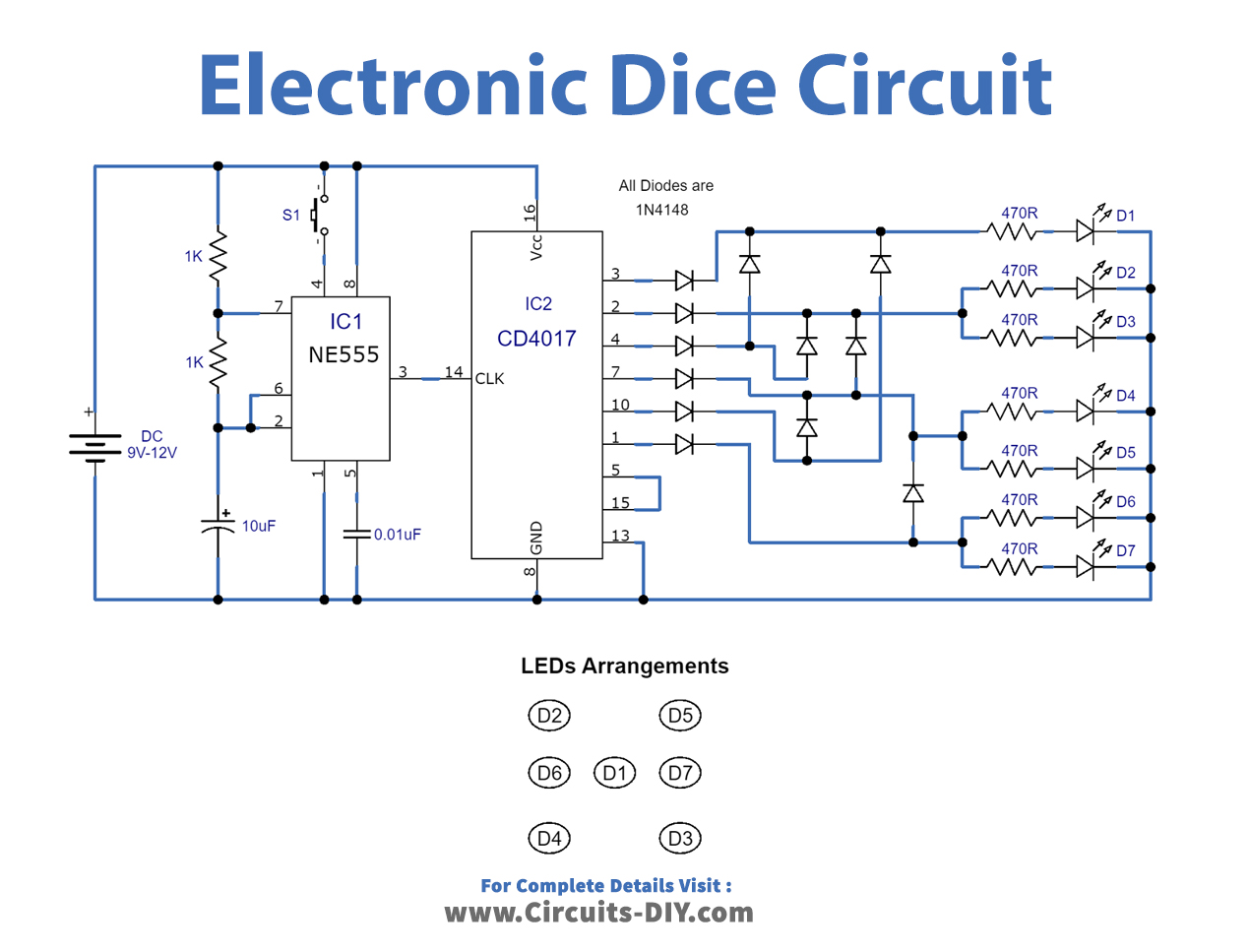 Electronic Dice Circuit using CD4017 IC Electronics Projects