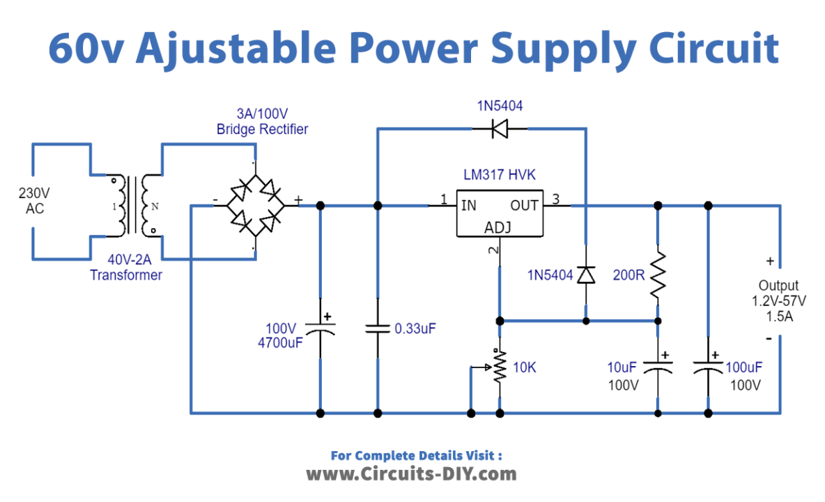 Adjustable Stabilized Power Supply 60v Using LM317HVK