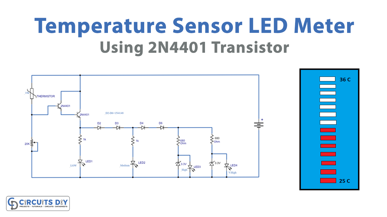 Temperature Sensor LED Meter using 2n4401 Transistor