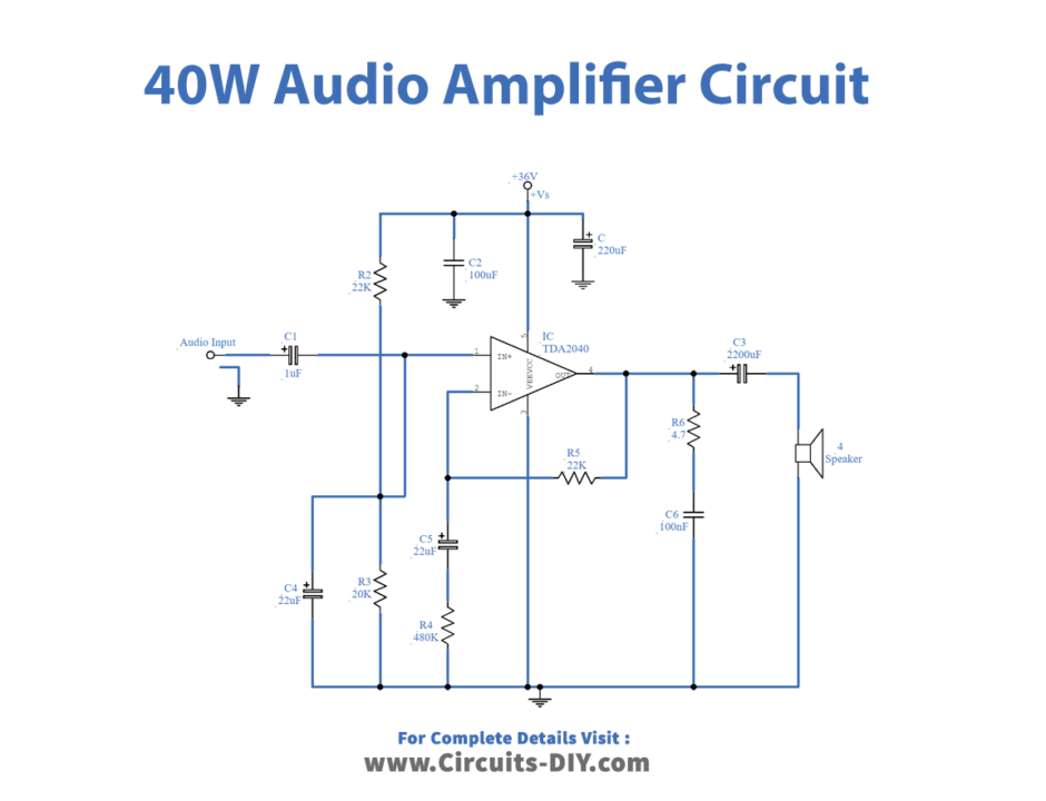 40-Watt-Audio-Amplifier-circuit-using-TDA2040 -diagram-schematic