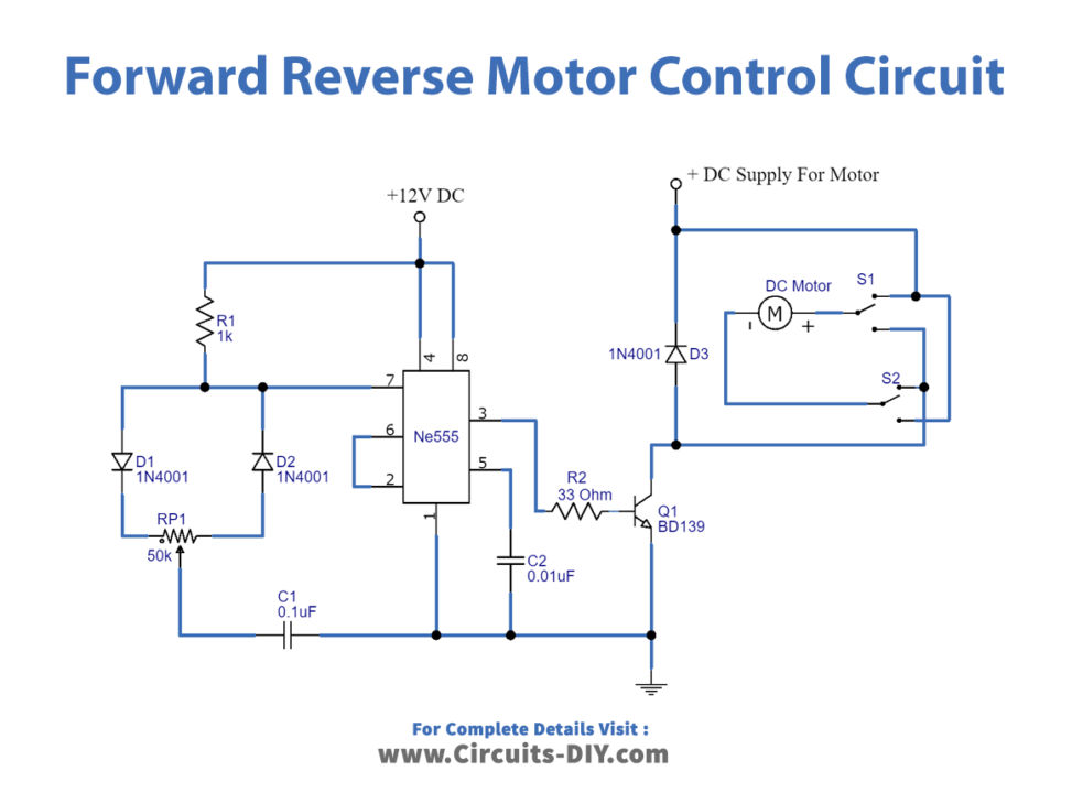 Forward Reverse DC motor control diagram with timer IC-schematic