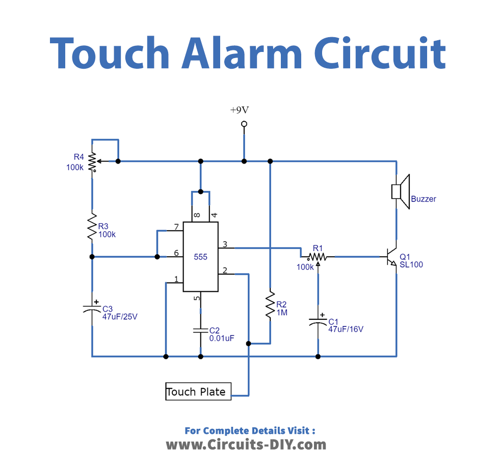 IC 555 Based Touch Alarm -Circuit-Diagram-Schematic