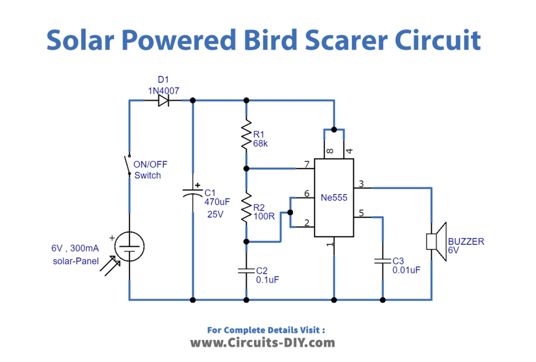 IC555-based-Solar-powered-bird-scarer-circuit-diagram-schematic