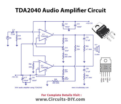 Audio Amplifier Circuit Using TDA2040 IC