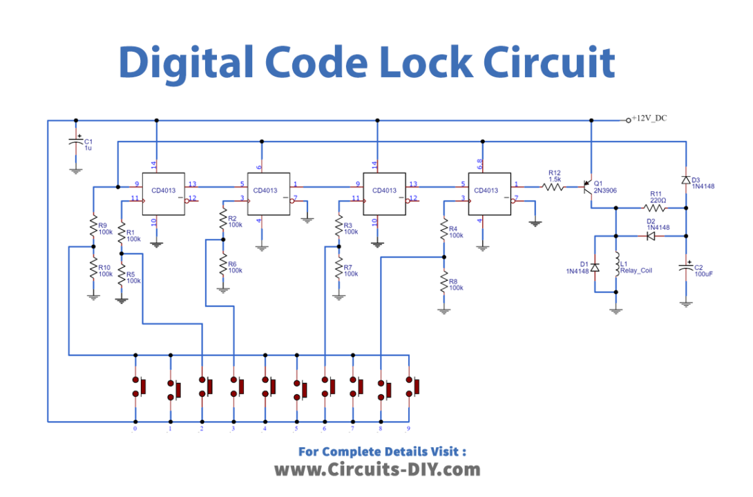 Digital Code Lock using CD4013-Diagram-Schematic