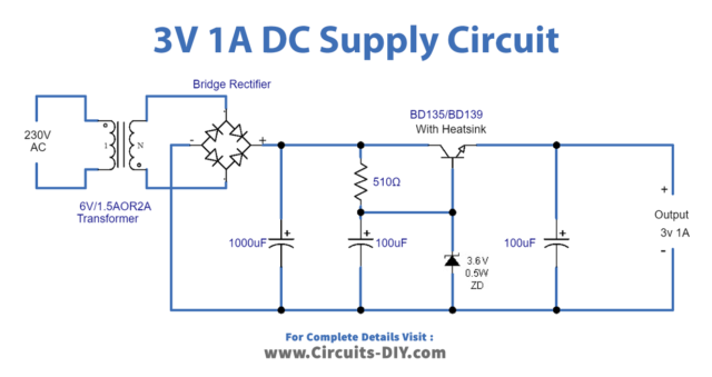 3V 1A DC Supply Using BD135/139 NPN Transistor